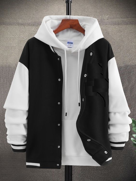 Black and white hooded varsity jacket