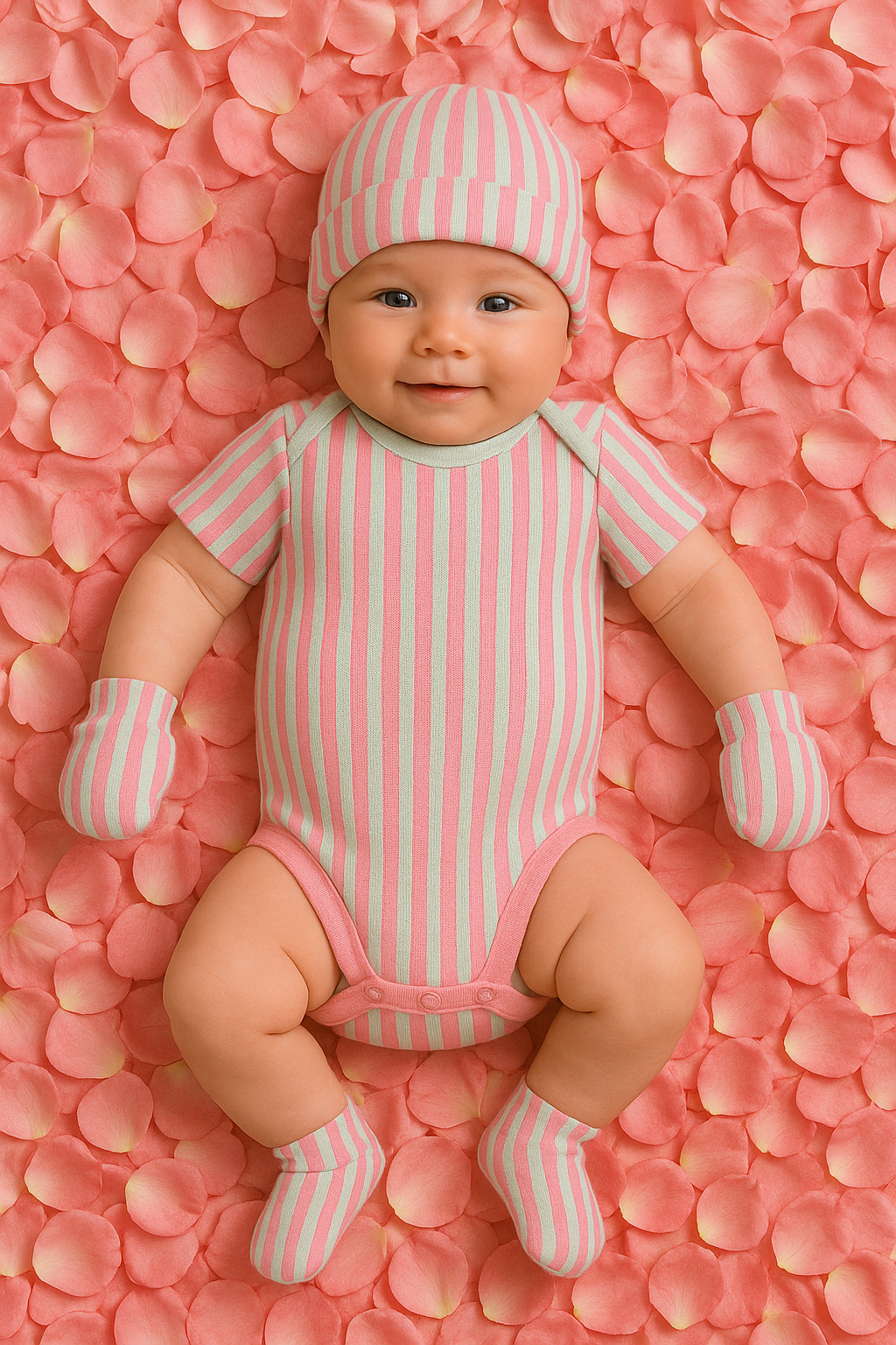 Pink striped baby bodysuit and hat